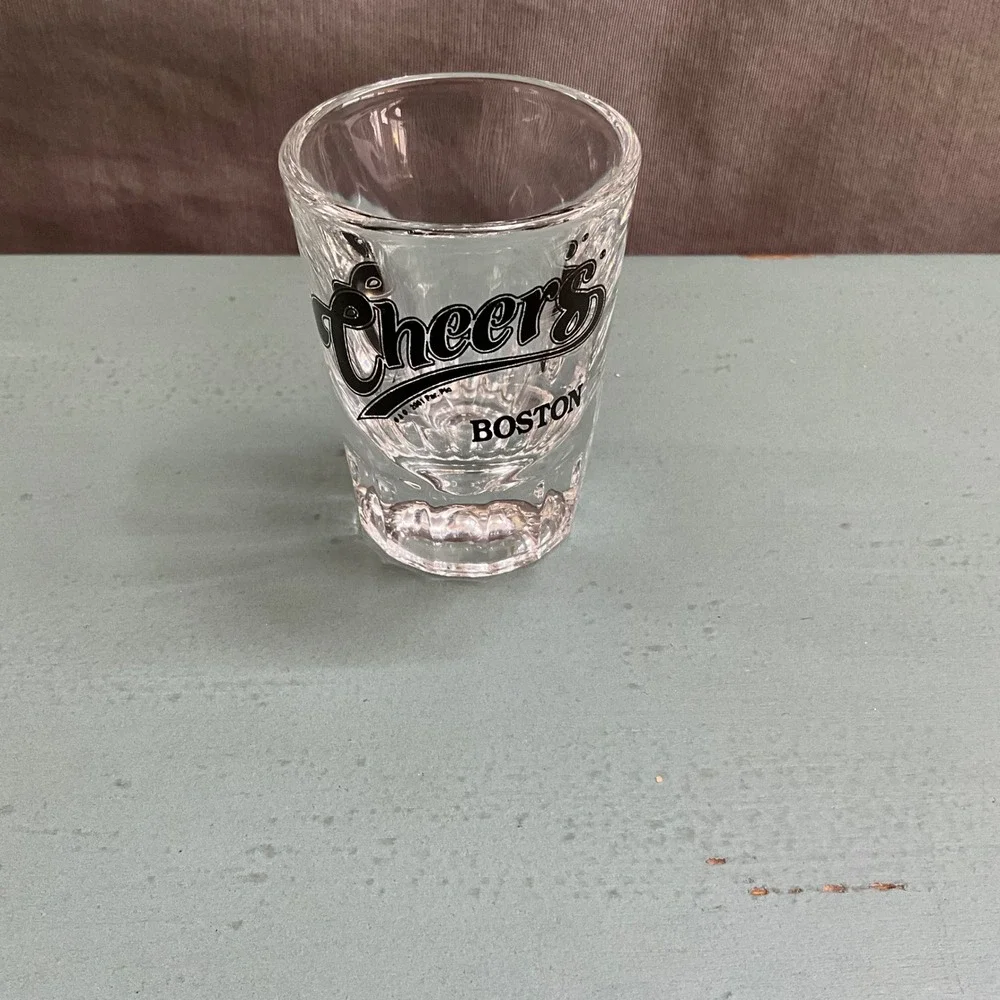 Cheers Boston Shot Glass Clear Black Logo Fluted Base Souvenir Barware